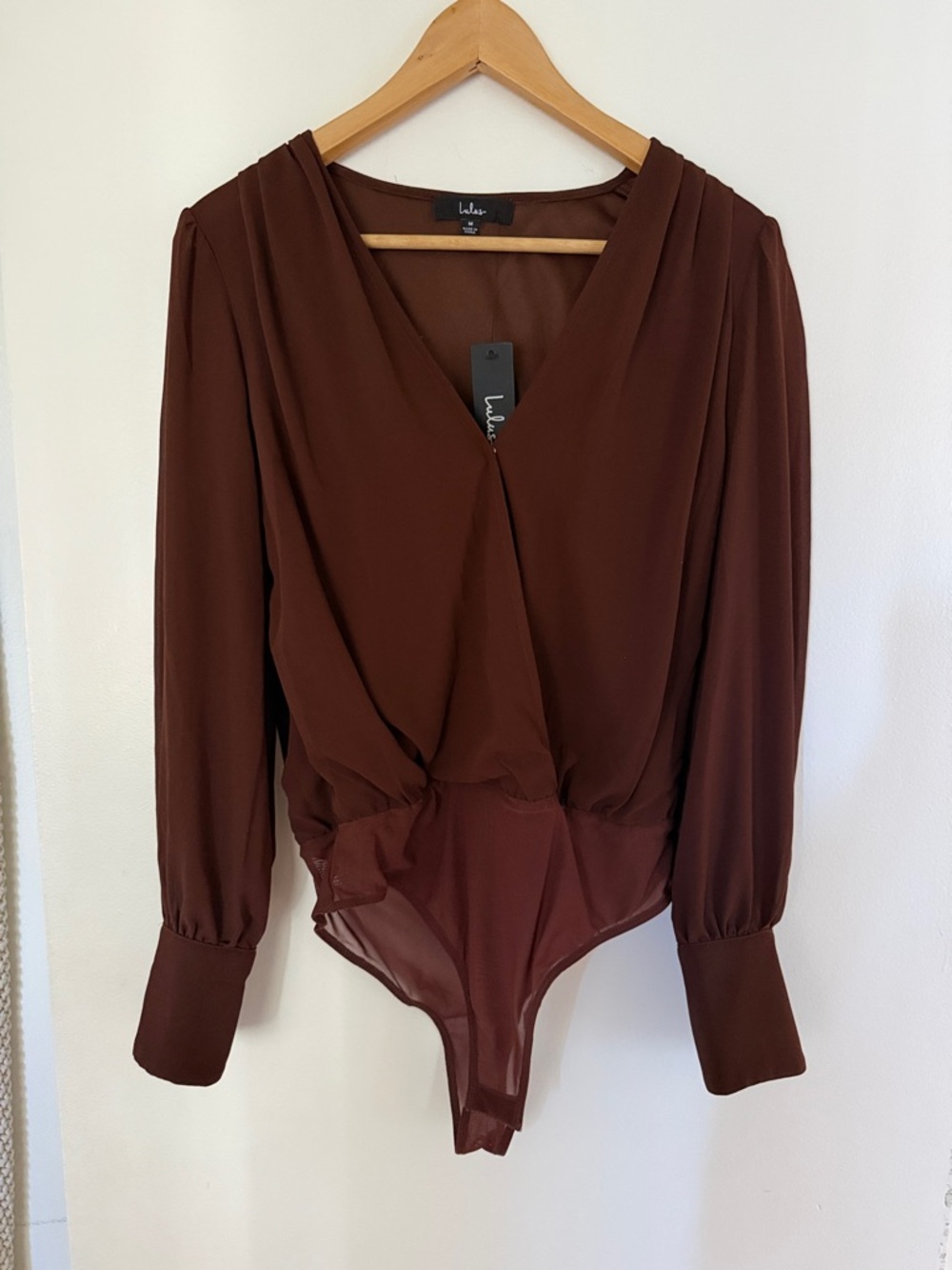 Lulu's Chocolate Brown Surplice Long-Sleeve Bodysuit